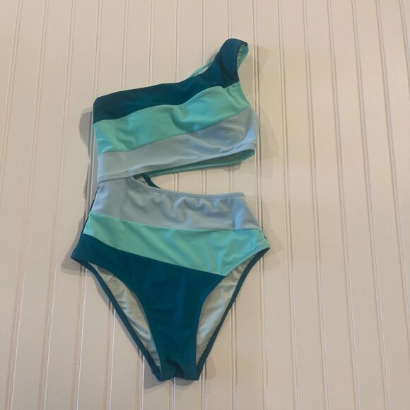 Cupshe Women XS One Shoulder Swimsuit Teal Colorblock Cutout Monokini Bathing - Picture 4 of 7